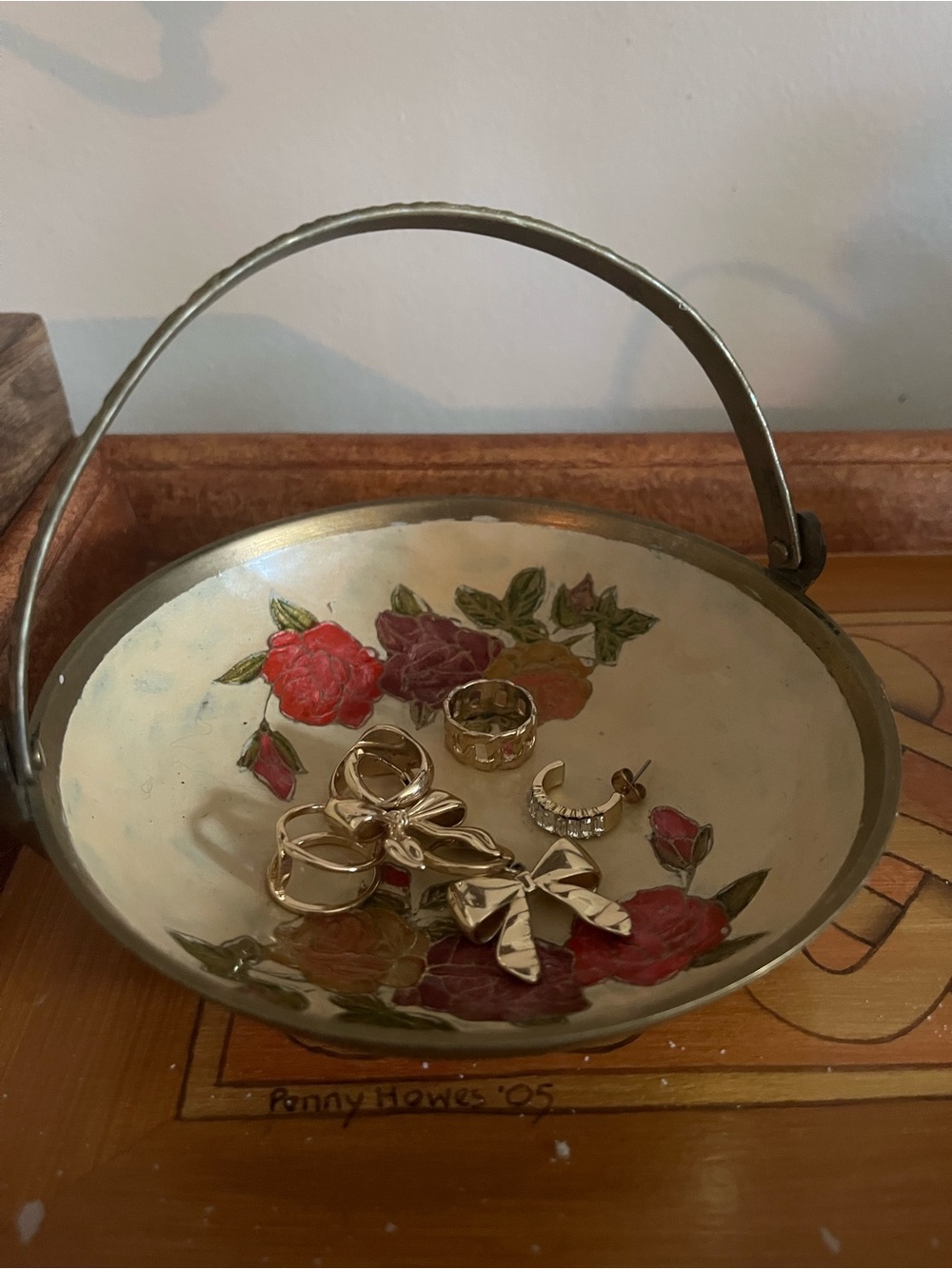 Decorative Floral Metal Trinket Dish with Handle - White & Gold